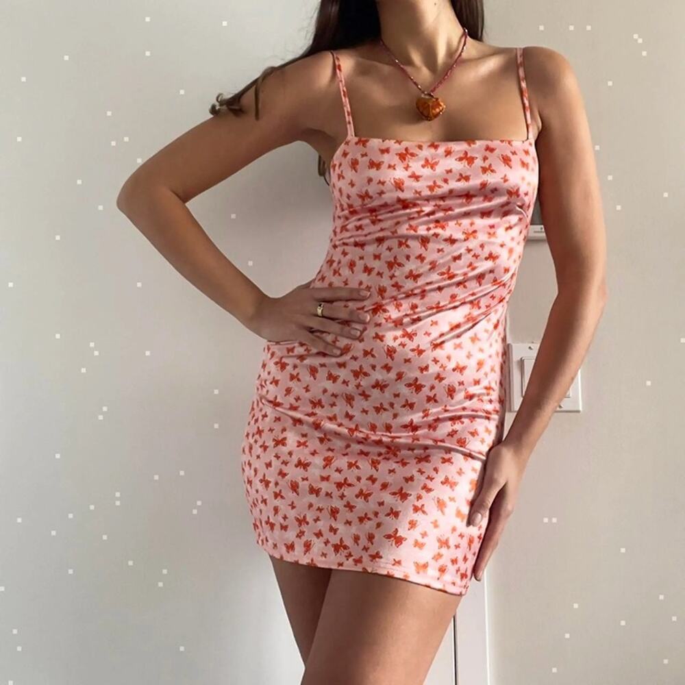 Urban Outfitters Angelica Slip Dress Pink Orange Butterfly Y2K Mini Dress Sz L